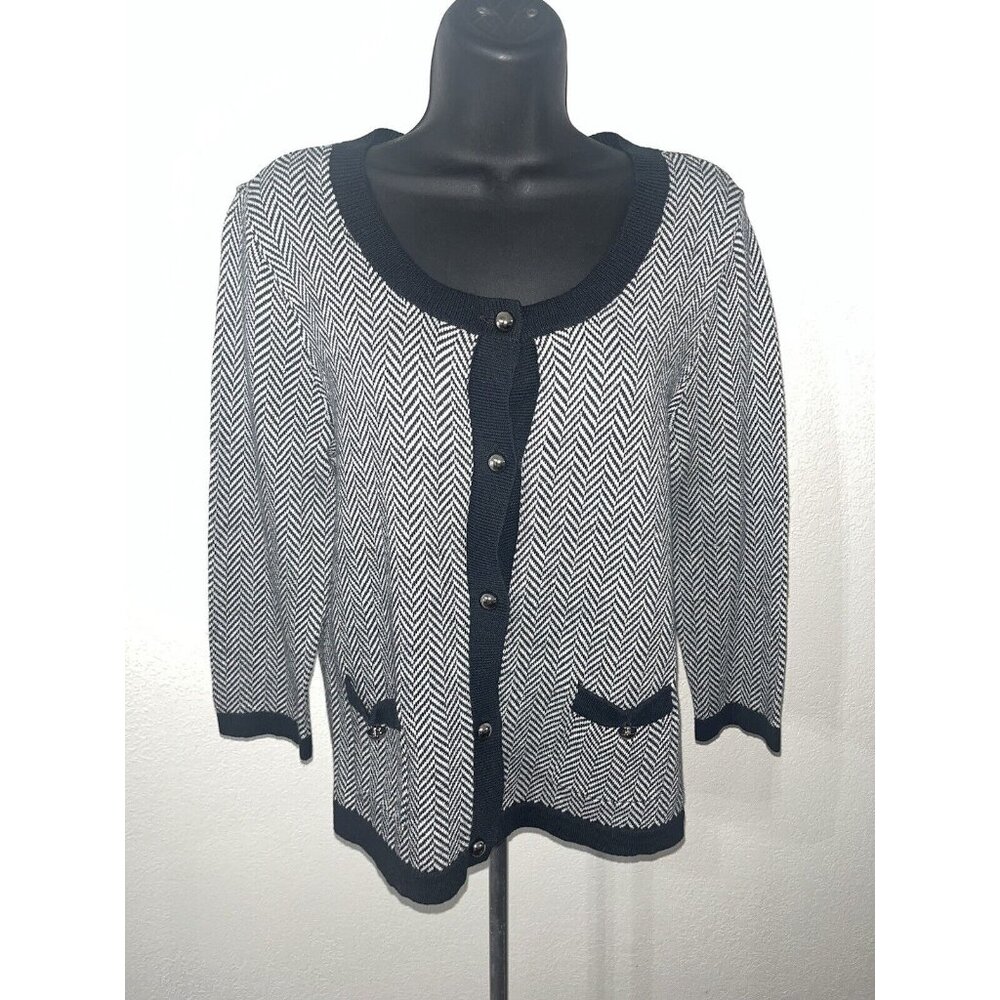 Missy Covington CardiganSweater Women Small Black White Chevron Pattern